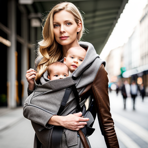 An image of a stylish mother effortlessly sliding her baby into a cozy baby carrier, while wearing a fashionable and functional maternity coat that seamlessly transitions from pregnancy to babywearing