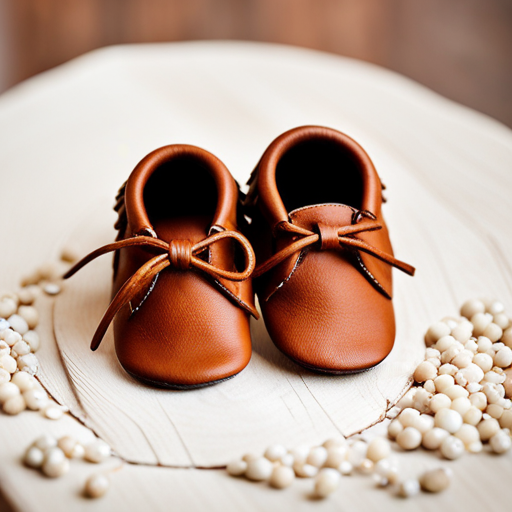 An image showcasing a pair of adorable 9-12 month baby boy moccasins in rich earthy tones