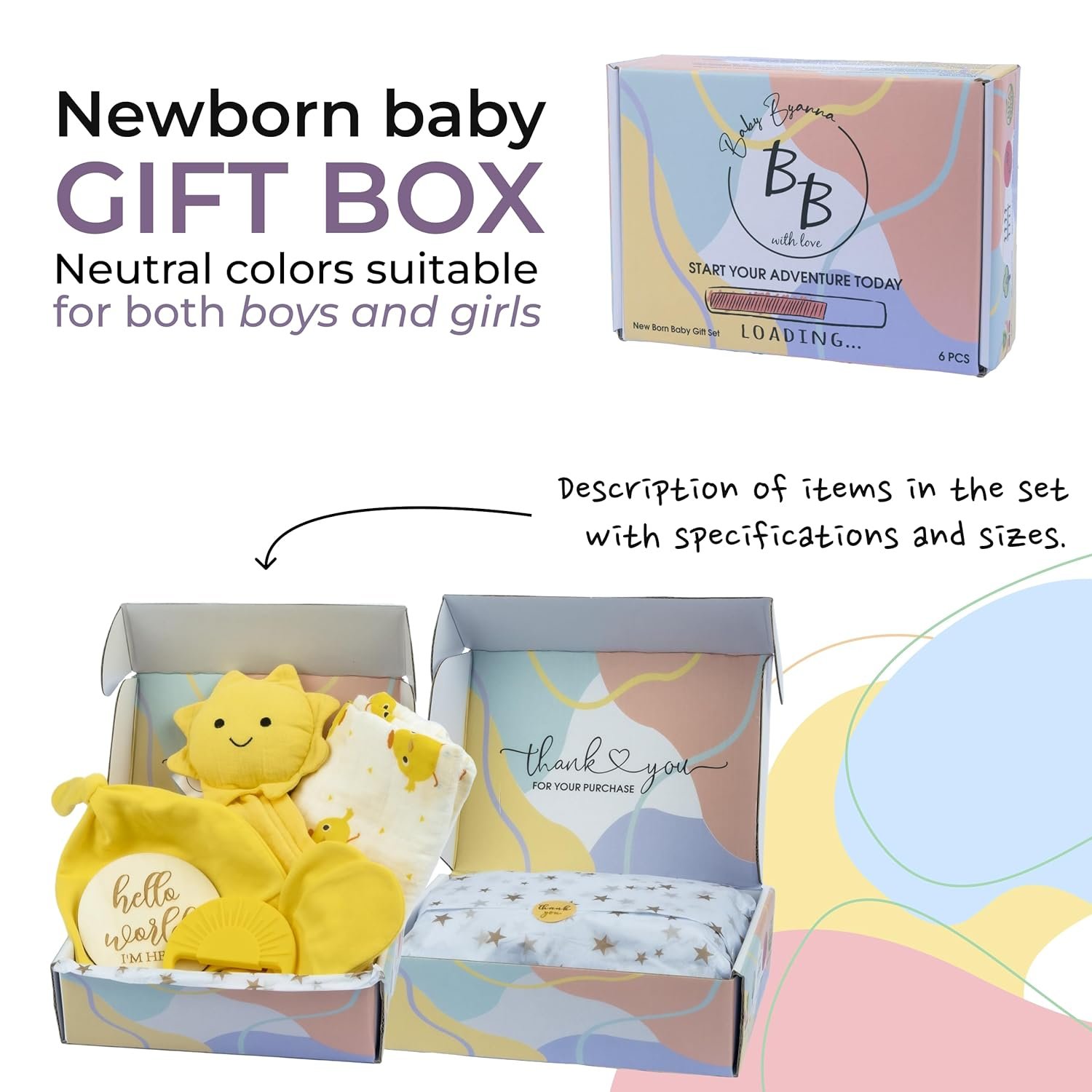Baby Gift Box Muslin Swaddle Blanket Set with Silicone Teether and Accessories - Perfect for Newborn Girls and Boys - Cute and Elegant Packaging