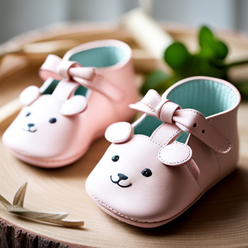 An image of a pair of adorable baby shoes 1c, delicately crafted with soft, pastel-colored leather, adorned with tiny bows and cute animal motifs, designed to provide utmost comfort and style for your little one's precious feet