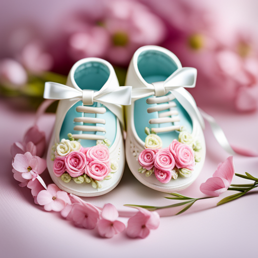 An image showcasing a pair of adorable baby shoes 2c, capturing their intricate design, soft pastel colors, and tiny details like delicate bows and comfortable soles