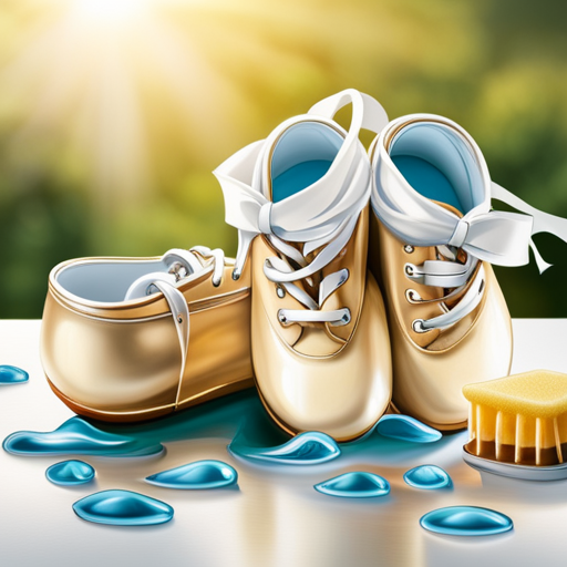 An image showcasing a pair of vibrant baby shoes, flawlessly cleaned and shining, with water droplets cascading off them