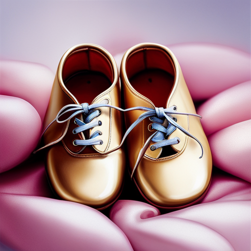 An image showcasing a pair of perfectly polished, tiny baby shoes placed on a plush, pastel-colored cushion
