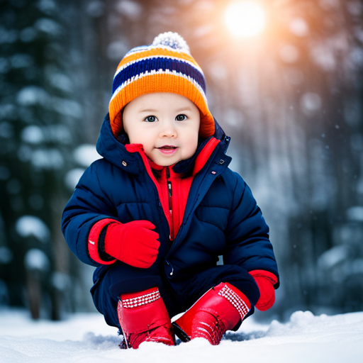  the essence of winter with an image of a chubby 1-year-old boy, joyfully exploring the snowy wonderland while wearing adorable, cozy boots