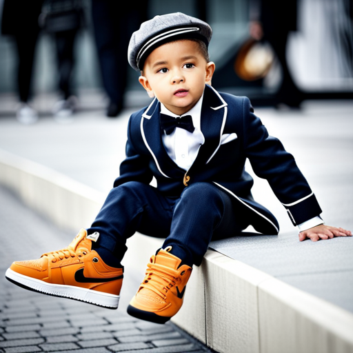 An image showcasing a trendy baby boy wearing a pair of stylish Jordans, paired with a cute and fashionable outfit