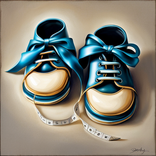 An image capturing a close-up of a tiny pair of baby boy shoes, with a measuring tape gently wrapped around them, highlighting the importance of precise sizing