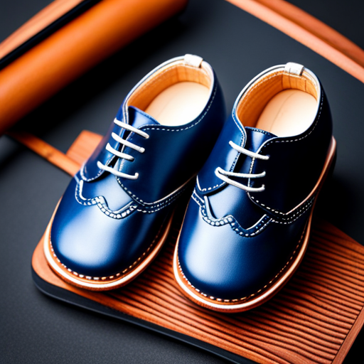 An image showcasing a pair of elegant, handcrafted baby boy shoes in a rich navy blue shade, adorned with delicate white stitching and polished leather soles, exuding a timeless charm and sophistication