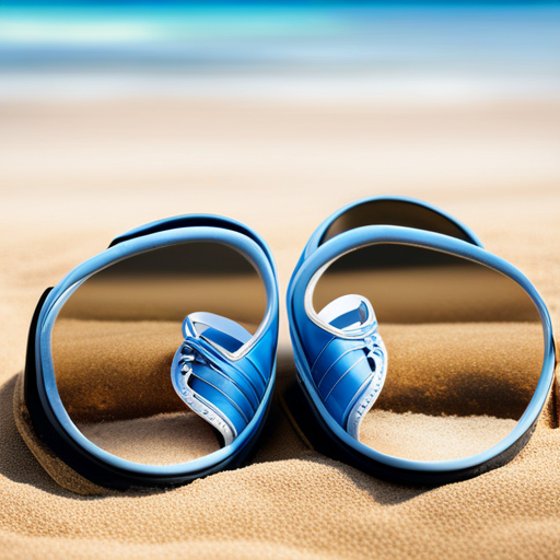 An image showcasing a pair of vibrant blue baby boy sandals on a sandy beach, with tiny footprints leading towards a sparkling ocean