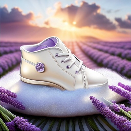 An image of a sparkling white baby shoe placed on a fluffy cloud-like pillow, surrounded by a gentle mist of lavender-scented air freshener, highlighting the importance of maintaining cleanliness and freshness