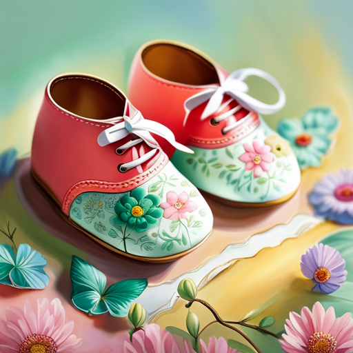 An image showcasing a pair of adorable, pastel-colored soft-sole baby shoes adorned with delicate floral patterns