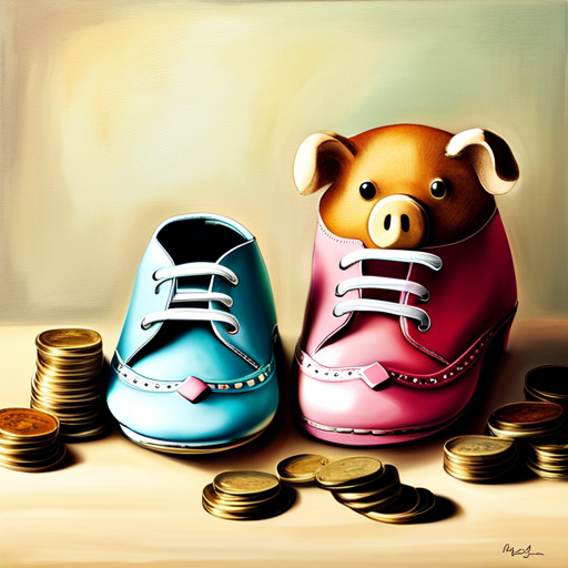 An image showcasing an adorable pair of baby shoes in vibrant colors and playful patterns, placed beside a piggy bank overflowing with coins, to convey the idea of budget-friendly options for new walkers