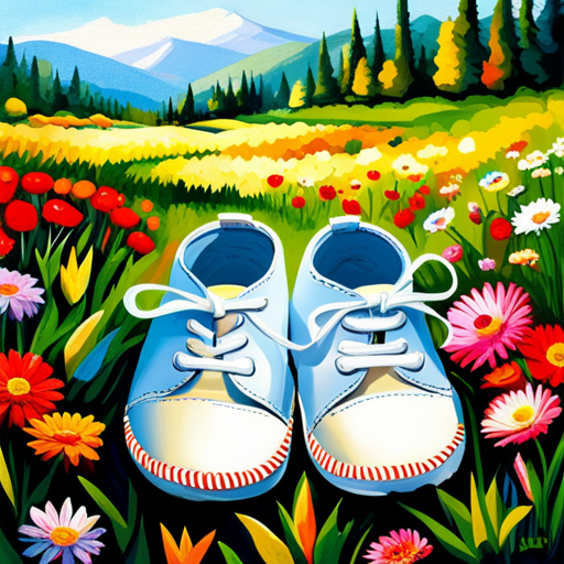 An image featuring a pair of soft-soled baby shoes placed on a lush green meadow, surrounded by colorful flowers