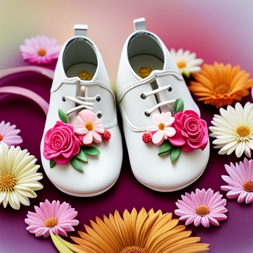 An image showcasing a pair of adorable baby girl shoes, adorned with vibrant flowers and pastel colors, reflecting the changing seasons