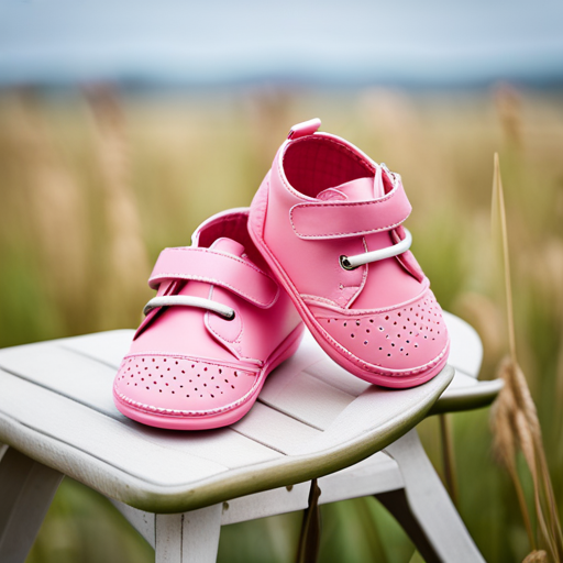 An image showcasing a pair of adorable pink baby shoes designed for girls, with convenient Velcro straps that make them effortlessly easy to slip on and off tiny feet