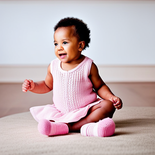 An image of a baby girl wearing pink shoes made of soft, organic cotton