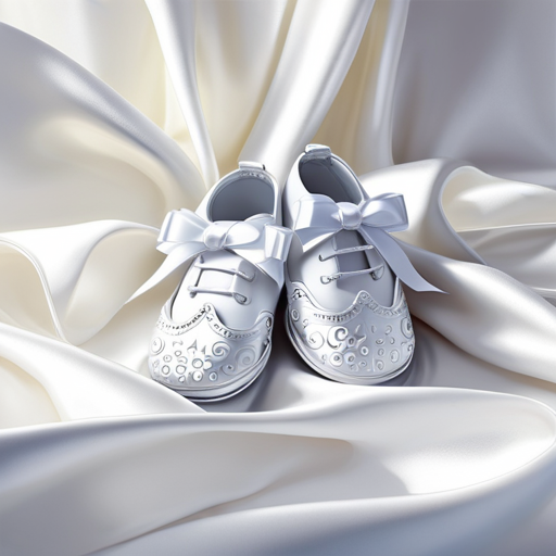 A visually stunning image that showcases a pair of immaculate white baby shoes, delicately adorned with a satin ribbon, placed on a pristine white background