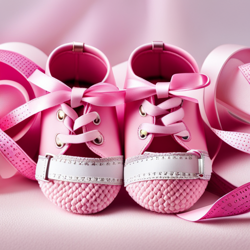 An image showcasing a pair of adorable pink baby shoes, surrounded by a measuring tape and different shoe sizes to guide parents in choosing the perfect fit for their little one's delicate feet
