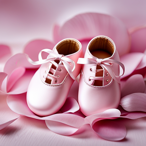 An image showcasing a pair of delicate, satin pink baby shoes adorned with tiny pearl buttons, nestled on a bed of soft, pastel rose petals, evoking elegance and charm for unforgettable special occasions