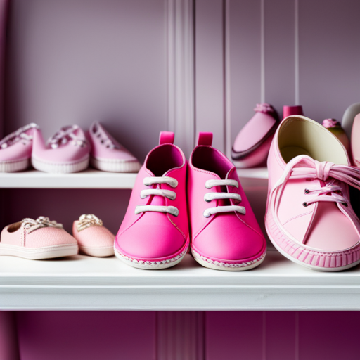 An image showcasing a variety of adorable pink baby shoes displayed on a white shelf in a well-lit boutique, surrounded by vibrant decor and a smiling shop assistant ready to assist customers