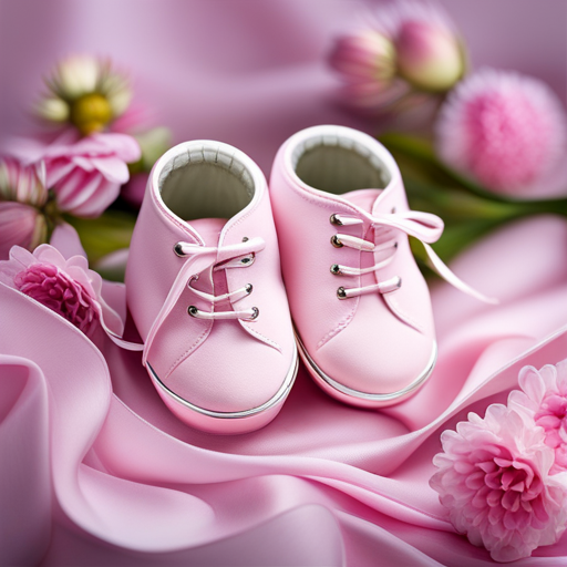 An image showcasing a pair of delicate, pink baby shoes nestled in a soft, fluffy fabric