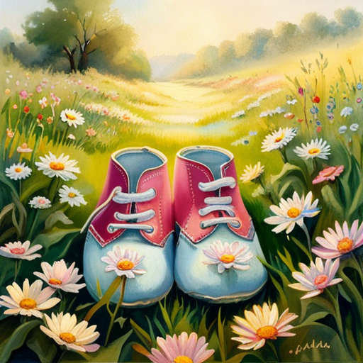 An image featuring a pair of tiny, soft-soled baby shoes in pastel colors, nestled in a grassy meadow