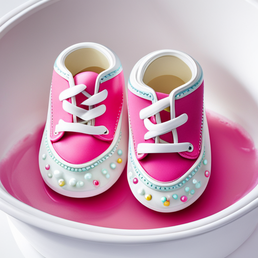 An image showcasing a pair of baby shoes being gently washed in a soapy basin, with tiny bubbles floating around