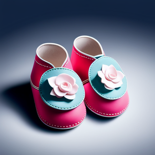 An image showcasing a pair of adorable baby shoes with vibrant colors and a small squeaker mechanism