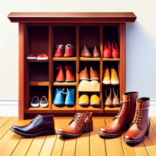 An image showcasing a variety of adorable baby shoes with colorful squeakers, neatly arranged on a display shelf