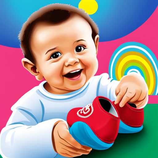 An image of a toddler wearing vibrant baby shoes with adorable squeakers, their curious hands reaching out to explore a colorful toy