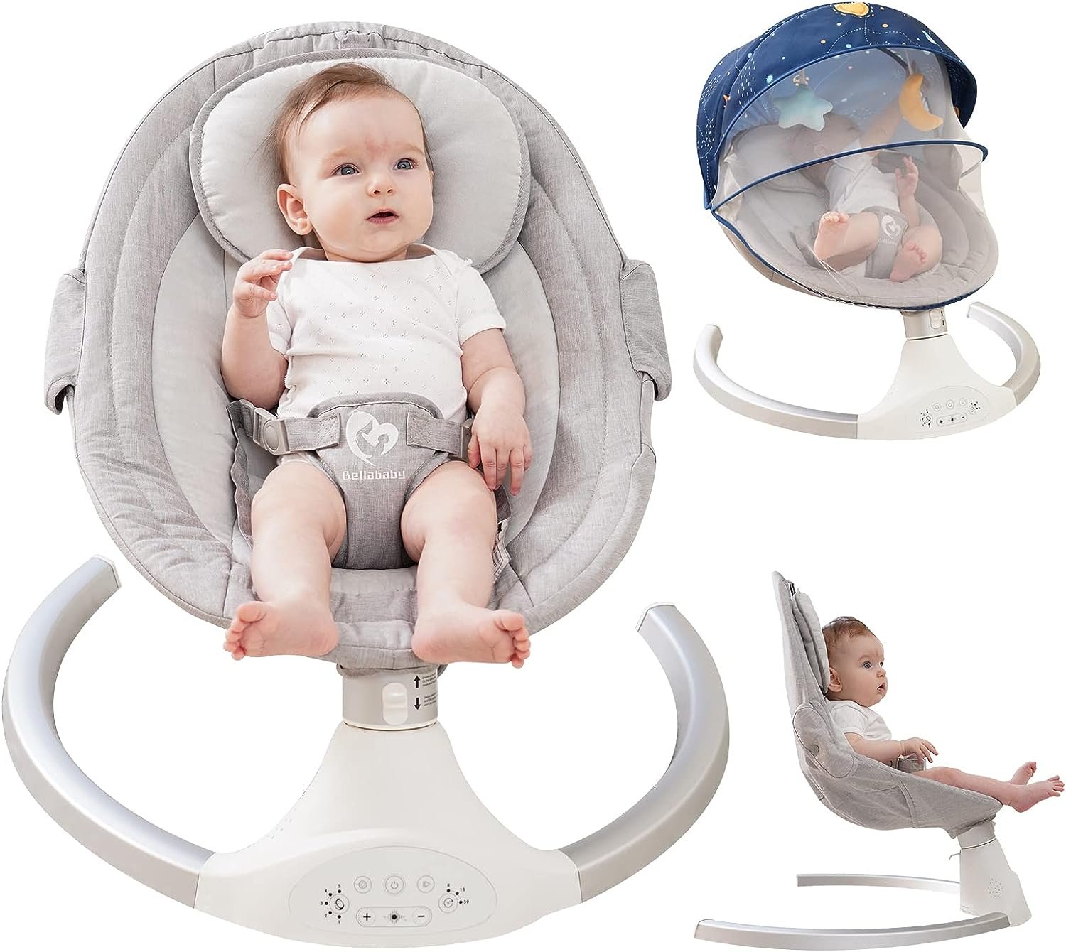 Bellababy Bluetooth Baby Swing for Infants, Compact  Portable Baby Bouncer, 3 Seat Positions, 5 Speed, 10 Lullabies, Remote Control, USB Plug-in Power, Indoor/Outdoor Baby Rocker, Boy/Girl