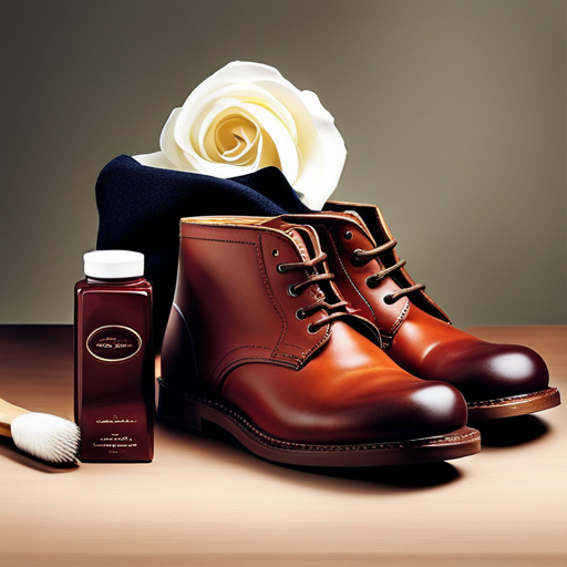 An image showcasing a pair of Clarks Baby Shoes, immaculately clean and neatly arranged, surrounded by a soft cloth, a gentle brush, and a small bottle of leather cleaner and conditioner