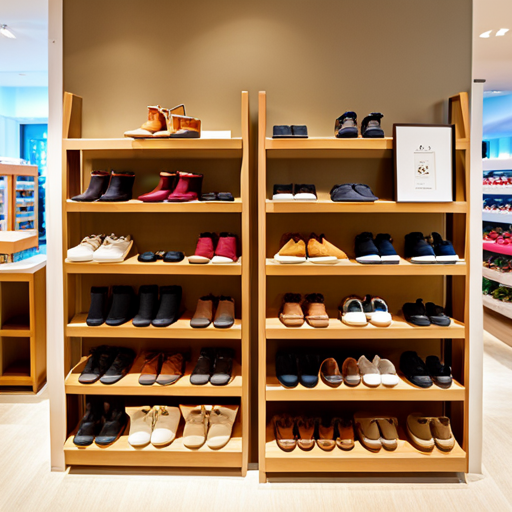 An image showcasing a vibrant display of Clarks Baby Shoes in a charming local boutique, with soft lighting and a cozy atmosphere