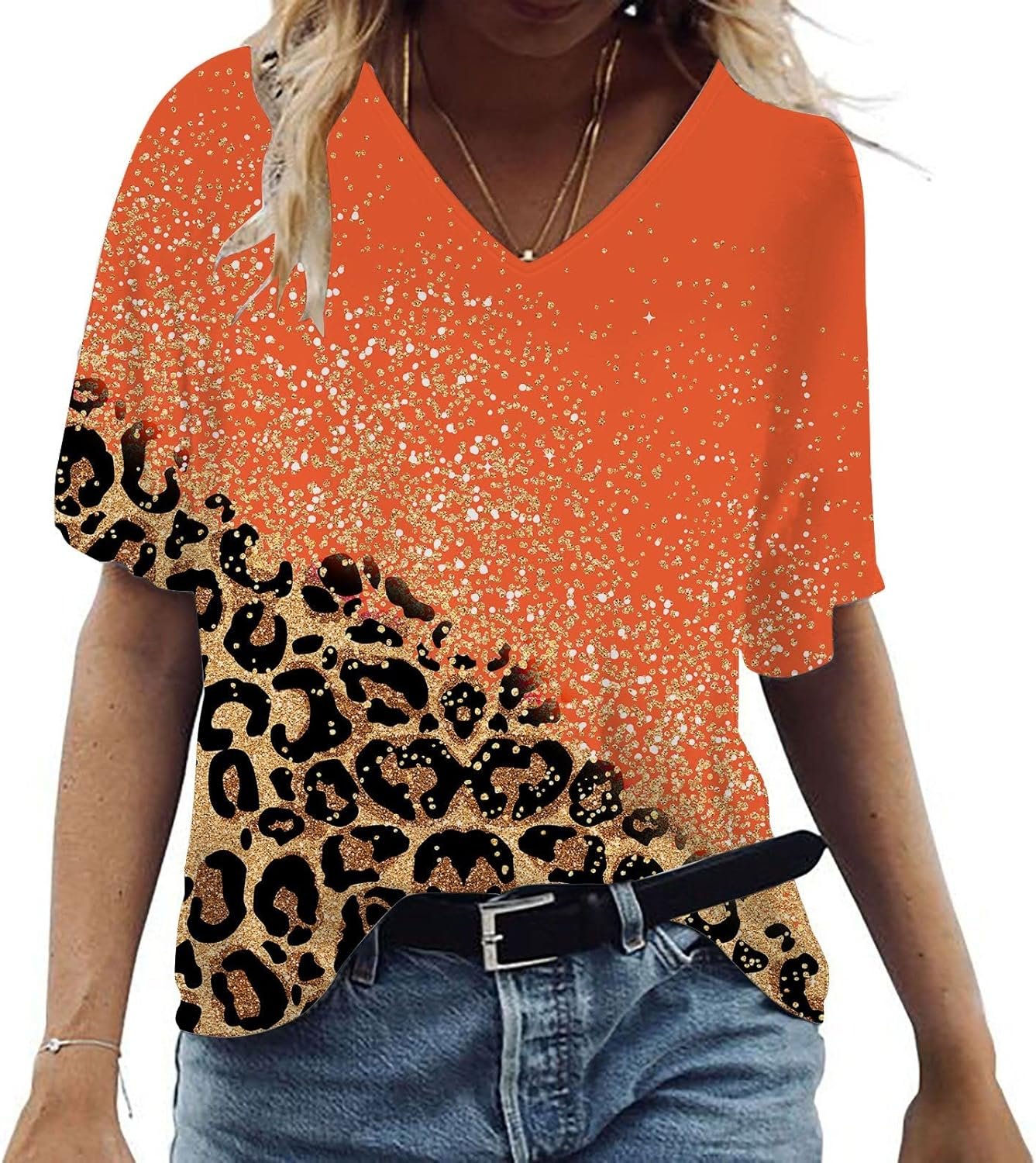 DASAYO Women Leopard Colorblock Tops Summer V Neck Casual Short Sleeve Tshirt Blouse Going Out Loose Fashion Ladies Clothing