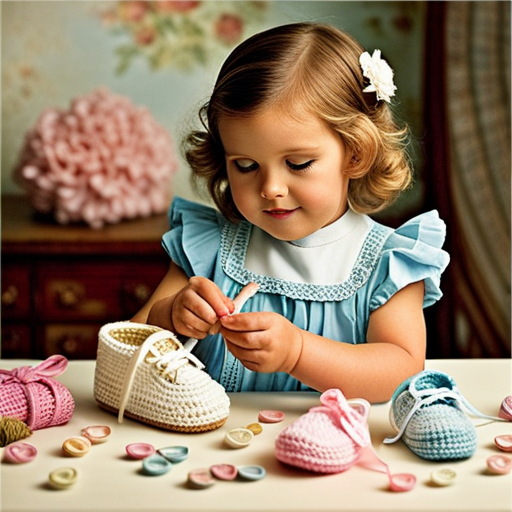 An image featuring a close-up of skilled hands gently crocheting tiny baby shoes, showcasing intricate stitch patterns, delicate yarn, and precise needlework, illustrating essential tips and tricks for crafting adorable footwear