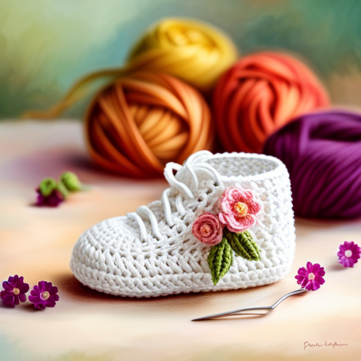 An image of a crochet hook gently pulling yarn through a stitch in a baby shoe pattern, showcasing the intricate loops and stitches