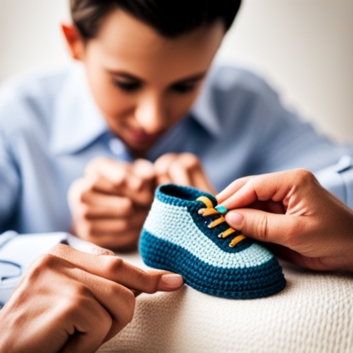 An image showcasing a close-up shot of skilled hands meticulously crocheting the upper part of baby shoes