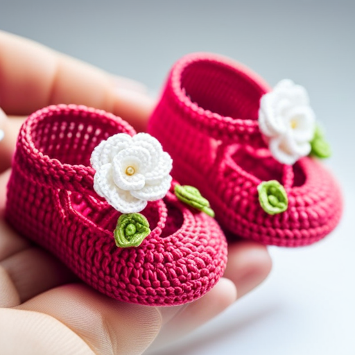 An image showcasing a pair of tiny crochet baby shoes, with a focus on the intricate sole pattern