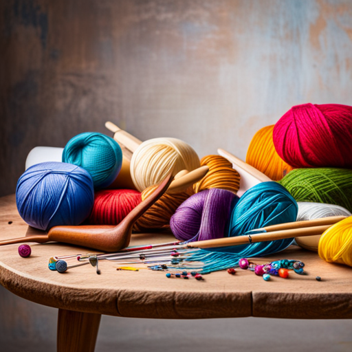 An image showcasing a colorful assortment of soft yarn skeins, crochet hooks in various sizes, and a tapestry needle, all neatly arranged on a wooden table, inspiring readers to gather their crochet supplies for the project