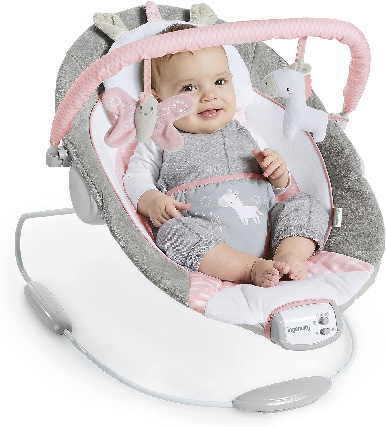 Ingenuity Soothing Baby Bouncer Infant Seat with Vibrations, -Toy Bar  Sounds, 0-6 Months Up to 20 lbs (Pink Flora the Unicorn)