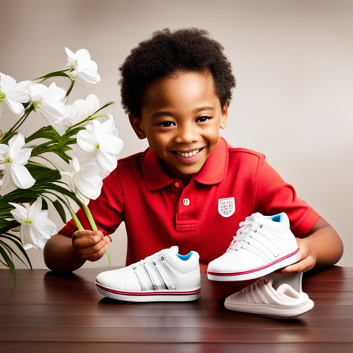 An image showcasing a pair of adorable K Swiss baby shoes surrounded by a collage of genuine customer reviews and testimonials, capturing the excitement and satisfaction of parents who have chosen these stylish and comfortable shoes for their little ones