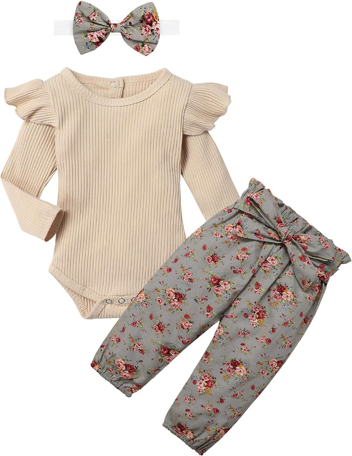 KANGKANG Baby Girls Clothes Cute Baby Clothes Girls Romper + Pant 3pcs Winter Outfit Newborn Light Brown
