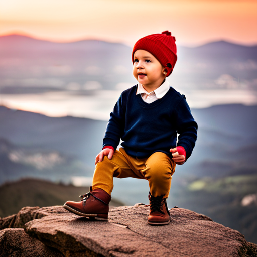 An image showcasing a pair of L'amour Baby Shoes, worn by a toddler happily exploring a rocky terrain, displaying the shoes' durability and longevity
