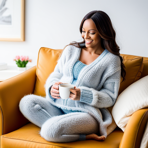 An image showcasing a pregnant woman wearing a soft, oversized sweater, paired with comfortable leggings and fuzzy slippers