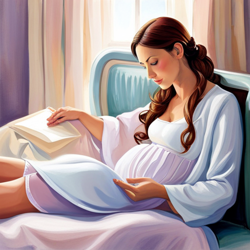 An image of a serene maternity ward with a new mom-to-be wearing a loose-fitting, soft cotton robe and slippers, surrounded by soothing pastel colors