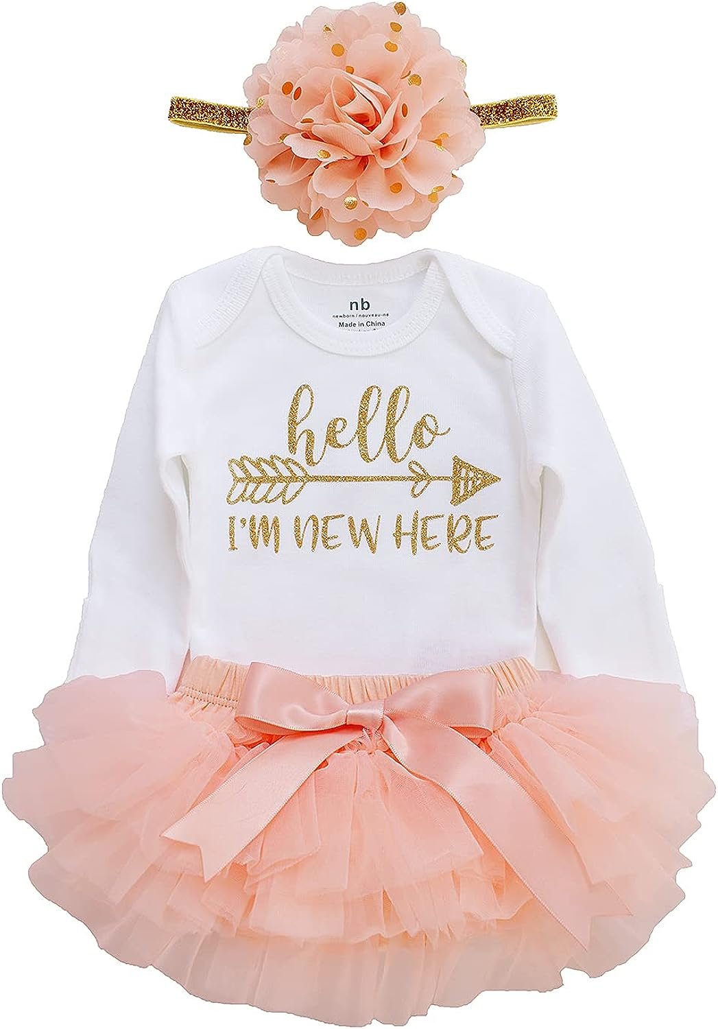 Newborn Baby Girl Coming Home Outfit Hello I am New here Bodysuits 3pcs (Newborn)