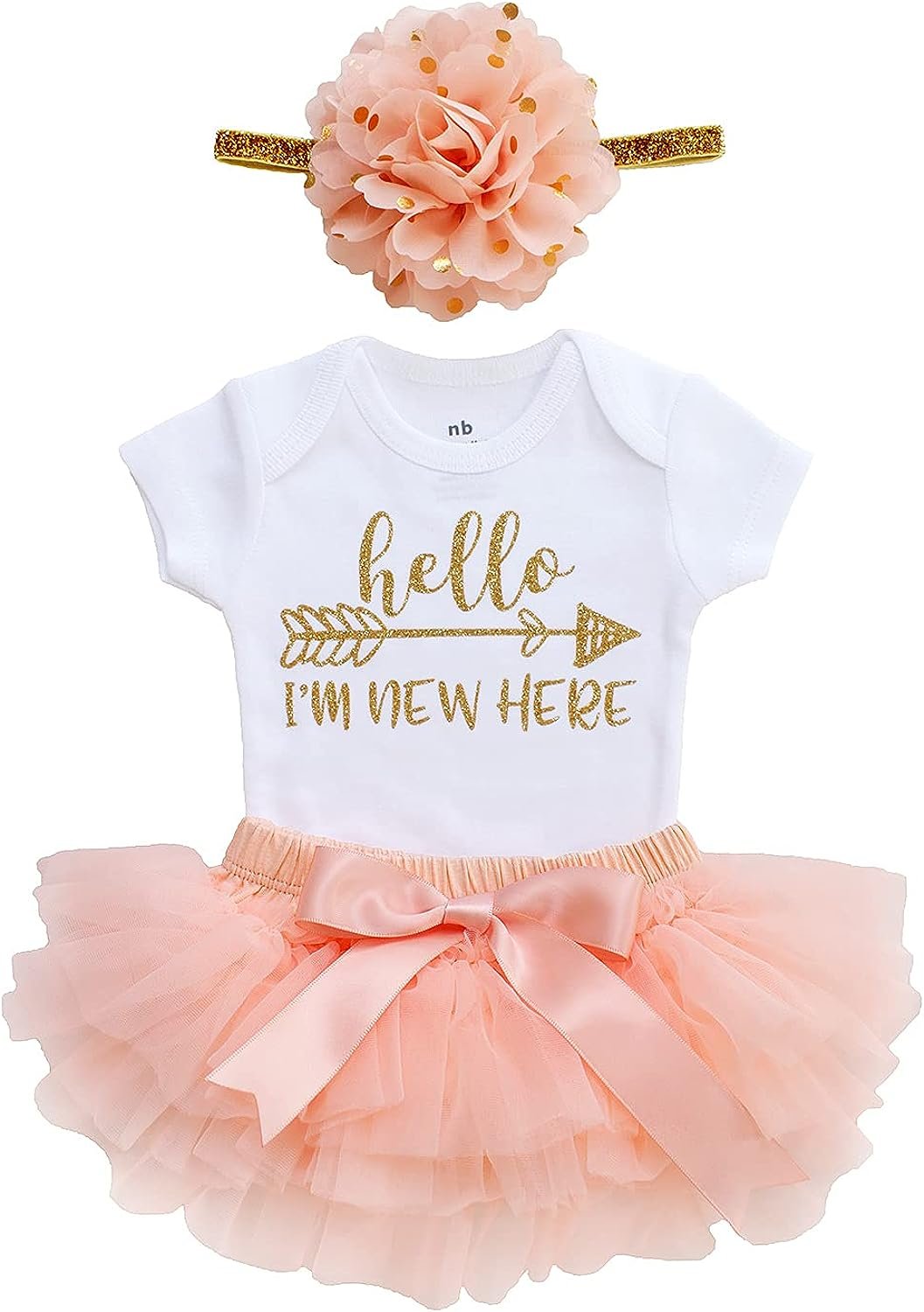 OoSweetCharlotteoO Newborn Baby Girl Coming Home Outfit Hello I am New here Bodysuits 3pcs (Newborn) (Newborn, Peach Short Sleeve)