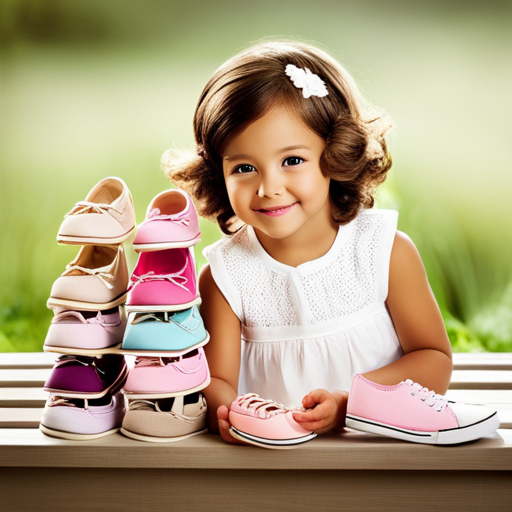 An image showcasing a variety of adorable size 4 baby shoes for girls, neatly organized on a display shelf in a well-lit boutique