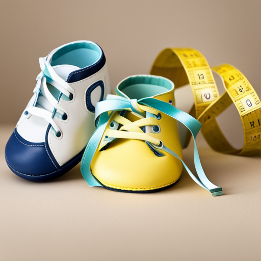 An image showcasing a close-up of a pair of size 9 baby shoes, surrounded by a tape measure, emphasizing the importance of measuring your baby's feet accurately for the perfect fit