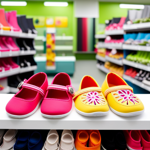 An image showcasing a vibrant display of adorable size 9 baby shoes in various styles and colors, neatly arranged on shelves, with a cheerful shop assistant assisting a customer in the background
