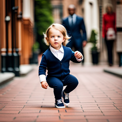 An image showcasing a toddler confidently taking their first steps in a pair of 8